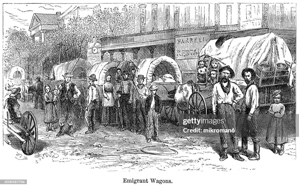 Old engraved illustration of emigrant wagons, history of United States
