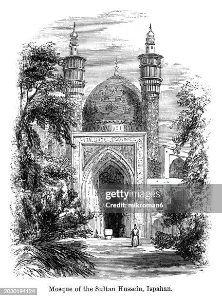 old engraved illustration of mosque of sultan hussein, ispahan, iran - ancient greece photos stock pictures, royalty-free photos & images