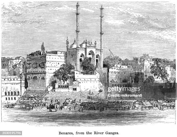 old engraved illustration of ganges river at varanasi, banaras or benares (a city on the ganges river) - ancient greece photos stock pictures, royalty-free photos & images