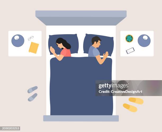 stockillustraties, clipart, cartoons en iconen met high angle view of young couple sleeping in bed back to back. relationship problems and break up concept - jong koppel