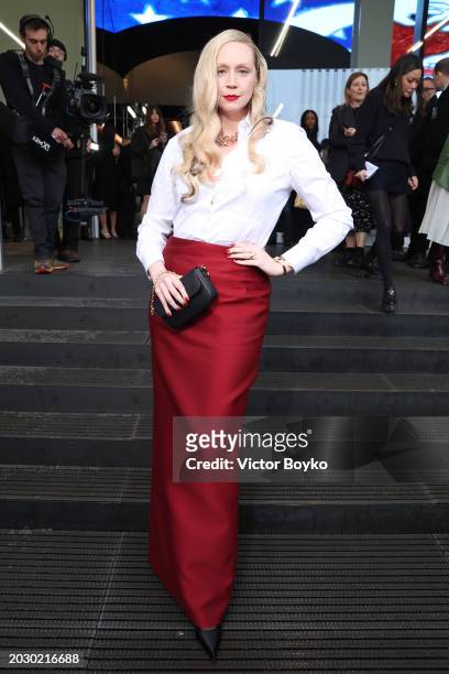 Gwendoline Christie is seen arriving at the Prada fashion show during the Milan Fashion Week Womenswear Fall/Winter 2024-2025 on February 22, 2024 in...