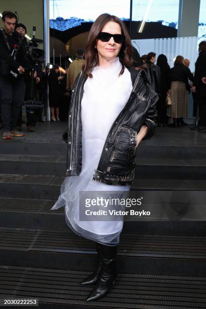 Juliette Binoche is seen arriving at the Prada fashion show during the Milan Fashion Week Womenswear Fall/Winter 2024-2025 on February 22, 2024 in...