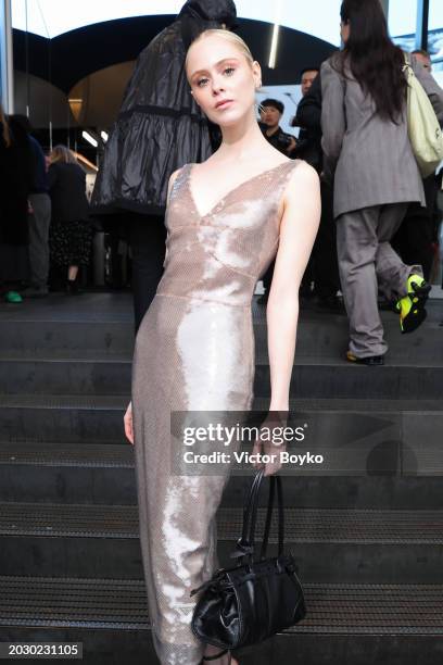 Loreto Peralta is seen arriving at the Prada fashion show during the Milan Fashion Week Womenswear Fall/Winter 2024-2025 on February 22, 2024 in...