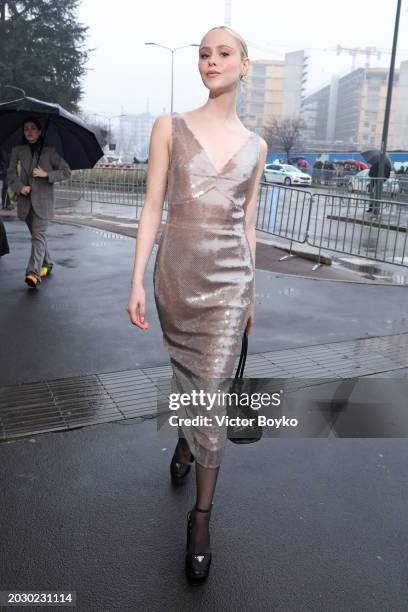 Loreto Peralta is seen arriving at the Prada fashion show during the Milan Fashion Week Womenswear Fall/Winter 2024-2025 on February 22, 2024 in...