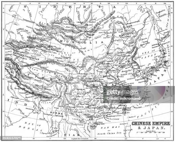old chromolithograph map of chinese empire and japan - east asia stock pictures, royalty-free photos & images