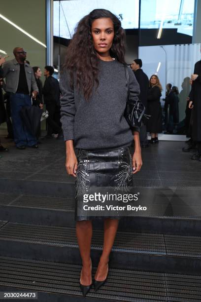 Tina Kunakey is seen arriving at the Prada fashion show during the Milan Fashion Week Womenswear Fall/Winter 2024-2025 on February 22, 2024 in Milan,...