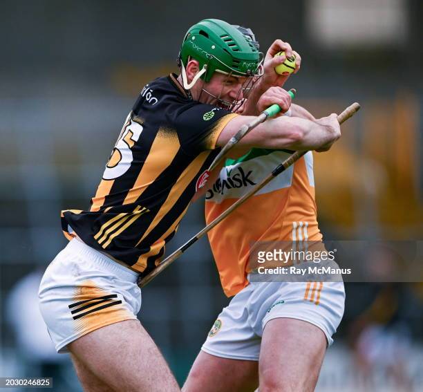 Kilkenny , Ireland - 25 February 2024; Eoin Cody of Kilkenny is tackled by Sam Bourke of Offaly during the Allianz Hurling League Division 1 Group A...