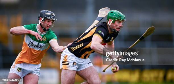 Kilkenny , Ireland - 25 February 2024; Eoin Cody of Kilkenny is tackled by Sam Bourke of Offaly during the Allianz Hurling League Division 1 Group A...