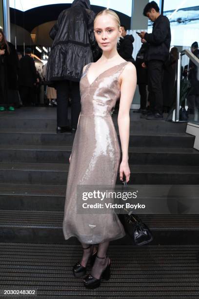 Loreto Peralta is seen arriving at the Prada fashion show during the Milan Fashion Week Womenswear Fall/Winter 2024-2025 on February 22, 2024 in...