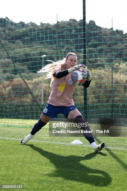 Hannah Hampton of England makes a save during a training session at La Quinta Football Center on February 22, 2024 in Marbella, Spain.