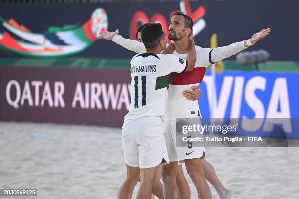 Jordan of Portugal celebrates after scoring his goal during the FIFA Beach Soccer World Cup UAE 2024 Quarter-Final match between Belarus and Portugal...