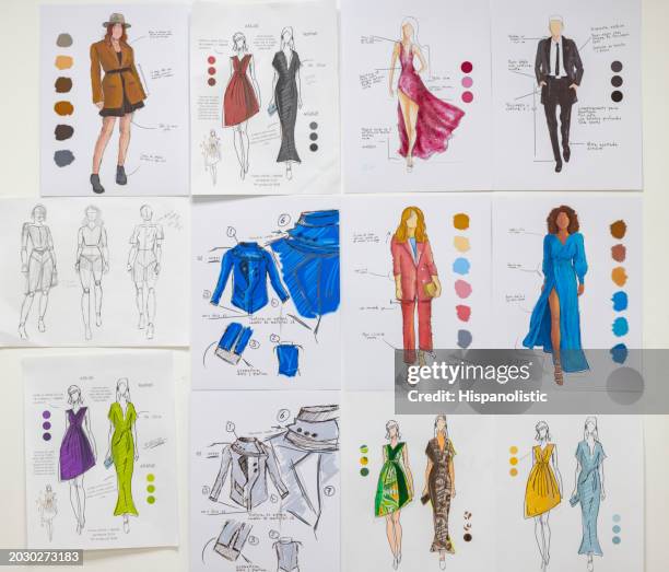 beautiful fashion sketches at an atelier - tailoring dress stock pictures, royalty-free photos & images
