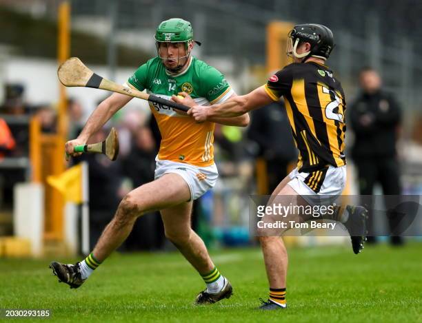 Kilkenny , Ireland - 25 February 2024; Brian Duignan of Offaly is tackled by Mikey Butler of Kilkenny during the Allianz Hurling League Division 1...