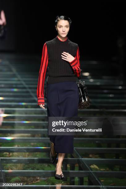 Mariacarla Boscono walks the runway at the Prada fashion show during the Milan Fashion Week Womenswear Fall/Winter 2024-2025 on February 22, 2024 in...