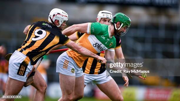 Kilkenny , Ireland - 25 February 2024; Ben Conneely of Offaly is tackled by Mikey Carey of Kilkenny during the Allianz Hurling League Division 1...