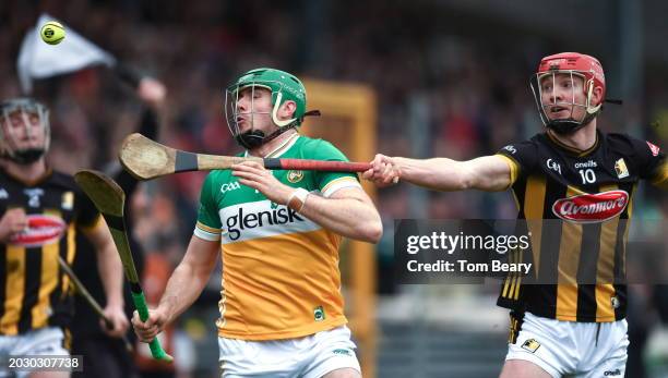 Kilkenny , Ireland - 25 February 2024; Brian Duignan of Offaly is tackled by Adrian Mullen of Kilkenny during the Allianz Hurling League Division 1...