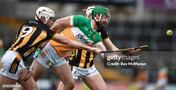 Kilkenny , Ireland - 25 February 2024; Ben Conneely of Offaly is tackled by Mikey Carey of Kilkenny during the Allianz Hurling League Division 1...