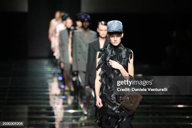 Model walks the runway at the Prada fashion show during the Milan Fashion Week Womenswear Fall/Winter 2024-2025 on February 22, 2024 in Milan, Italy.