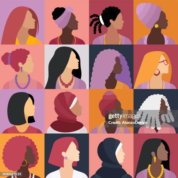 ilustraciones, imágenes clip art, dibujos animados e iconos de stock de día internacional de la mujer. unidad diversa. una celebración de las mujeres multirraciales. - marzo