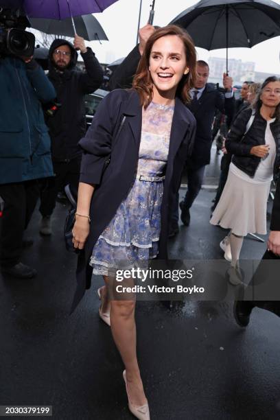 Emma Watson is seen arriving at the Prada fashion show during the Milan Fashion Week Womenswear Fall/Winter 2024-2025 on February 22, 2024 in Milan,...