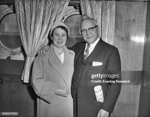 Labour Party politician Herbert Morrison and wife Edith Meadowcroft pictured aboard the RMS Queen Mary ocean liner at Southampton, January 1st 1957.