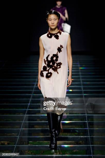 Model walks the runway at the Prada fashion show during the Milan Fashion Week Womenswear Fall/Winter 2024-2025 on February 22, 2024 in Milan, Italy.