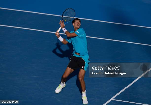 Alexei Popyrin of Australia during quarterfinal match against Emil Ruusuvuori of Finland at the ATP Qatar Exxonmobil Open tennis tournament 2023 at...