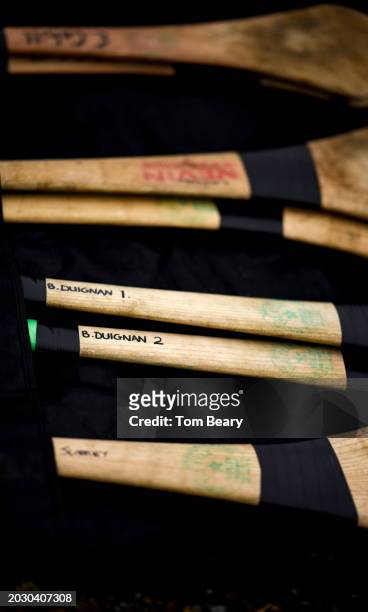 Kilkenny , Ireland - 25 February 2024; A detailed view of the hurls of Brian Duignan of Offaly before the Allianz Hurling League Division 1 Group A...