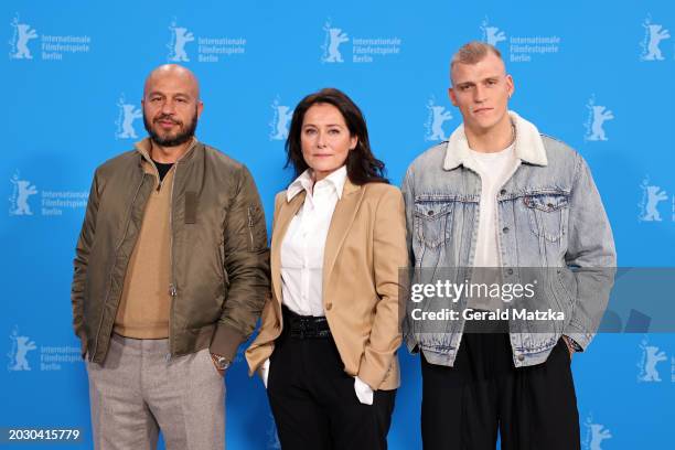 Dar Salim, Sidse Babett Knudsen and Sebastian Bull Sarning at the "Vogter" photocall during the 74th Berlinale International Film Festival Berlin at...