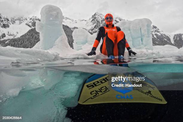 In this handout provided by Limex Images, Valentina Cafolla of Croatia is seen during her record dive in the category "Dynamic Freedive under ice" at...