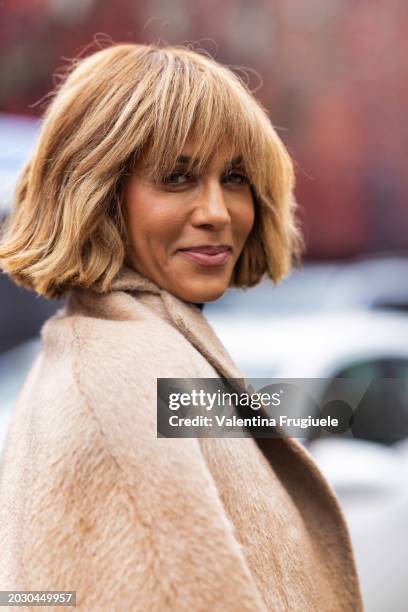 Actress Nicole Ari Parker is seen wearing a beige long coat outside Max Mara show during the Milan Fashion Week - Womenswear Fall/Winter 2024-2025 on...