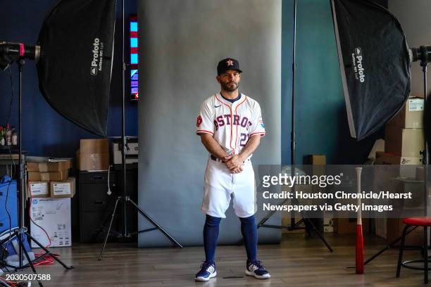 Houston Astros second baseman Jose Altuve poses for a photographer during media day during full squad workouts for the Astros at CACTI Park of the...