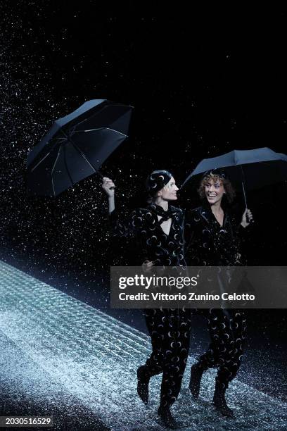 Models walks the runway at the Emporio Armani fashion show during the Milan Fashion Week Womenswear Fall/Winter 2024-2025 on February 22, 2024 in...