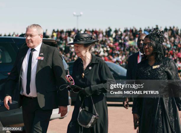 Britain's Princess Anne , arrives at Heroes Acre, south of Windhoek, Namibia, on February 25, 2024 during the funeral for the late Namibian President...