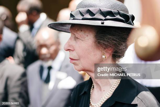Britain's Princess Anne , looks on while at Heroes Acre, south of Windhoek, Namibia, on February 25, 2024 during the funeral for the late Namibian...