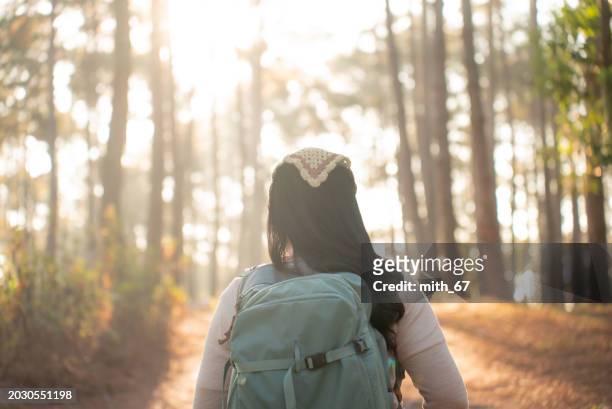rear-view: the asian mid-adult woman with headscarf and backpack, surrounded by trees in the forest, is inhaling and feeling nature, exuding a positive and refreshing mood. - exuding stock pictures, royalty-free photos & images