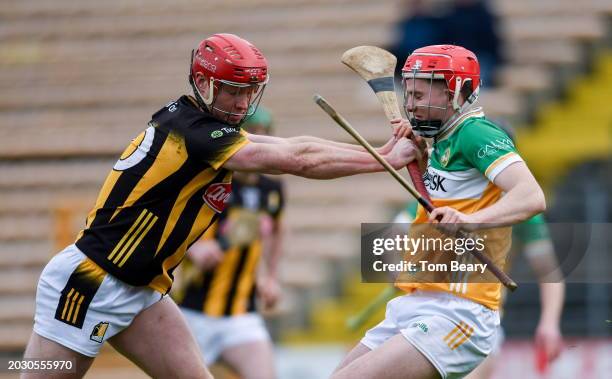 Kilkenny , Ireland - 25 February 2024; Adrian Mullen of Kilkenny tussles Sam Bourke of Offaly during the Allianz Hurling League Division 1 Group A...