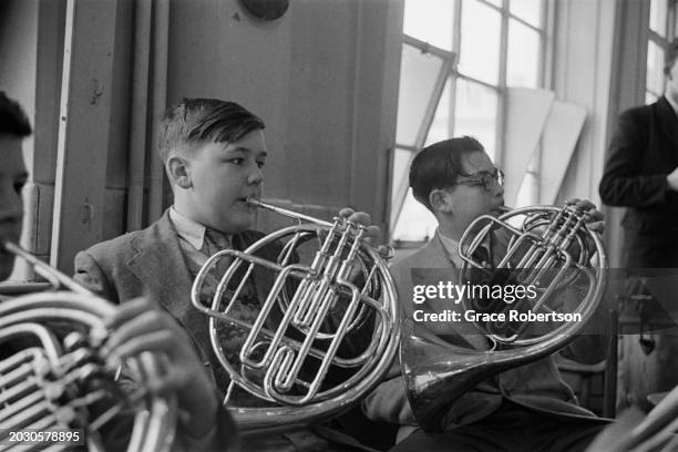 Gideon Gartner and a fellow student of the London County Council's Symphony Orchestra for Schoolchildren, during a five day holiday programme...