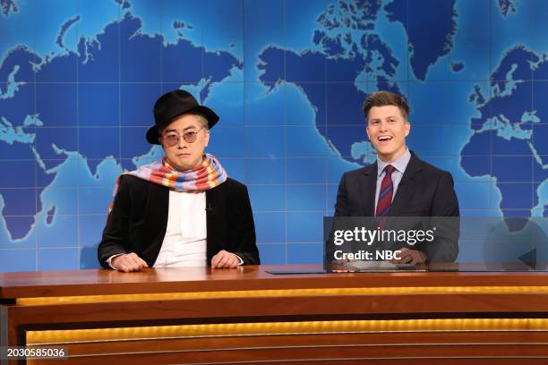Episode 1856 -- Pictured: Bowen Yang as Truman Capote and anchor Colin Jost during Weekend Update on Saturday, February 24, 2024 --