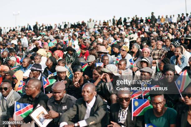 Members of the public gather at Heroes Acre, south of Windhoek, Namibia, on February 25, 2024 during the funeral for the late Namibian President Hage...