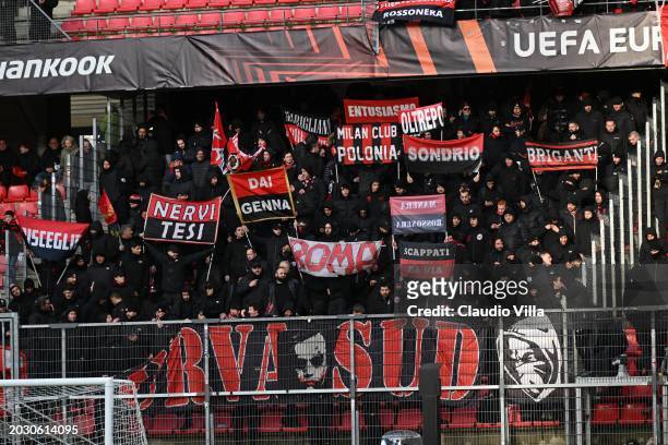 Fans of AC Milan before the UEFA Europa League 2023/24 playoff second leg match between Stade Rennais FC and AC Milan at Roazhon Park on February 22,...