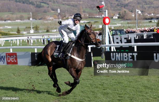 Jockey Nico De Boinville celebrates winning the Champion Hurdle on Constitution Hill during racing on day one of the Cheltenham National Hunt jump...