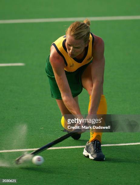 Louise Dobson of the Hockeyroos takes a penalty shot during the 3rd Oceania Cup match between the Australia Hockeyroos and the New Zealand...