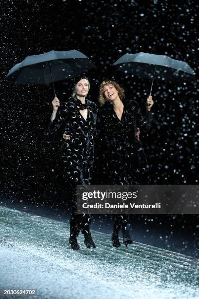 Model walks the runway at the Emporio Armani fashion show during the Milan Fashion Week Womenswear Fall/Winter 2024-2025 on February 22, 2024 in...