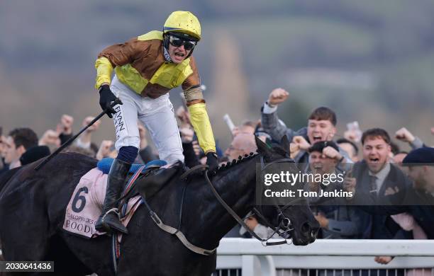 Jockey Paul Townend riding Galopin Des Champs celebrates winning the Gold Cup during racing on day four of the Cheltenham National Hunt jump racing...