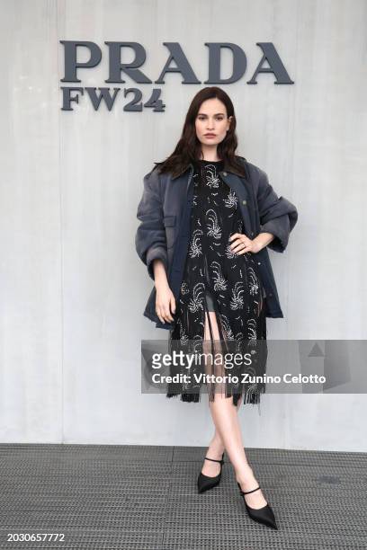 Lily James attends the Prada Fall/Winter 2024 Womenswear fashion show during Milan Fashion Week Fall/Winter 2024 - 2025 on February 22, 2024 in...