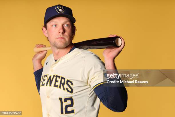 Rhys Hoskins of the Milwaukee Brewers poses for a portrait during Photo Day at American Family Fields of Phoenix on February 22, 2024 in Phoenix,...