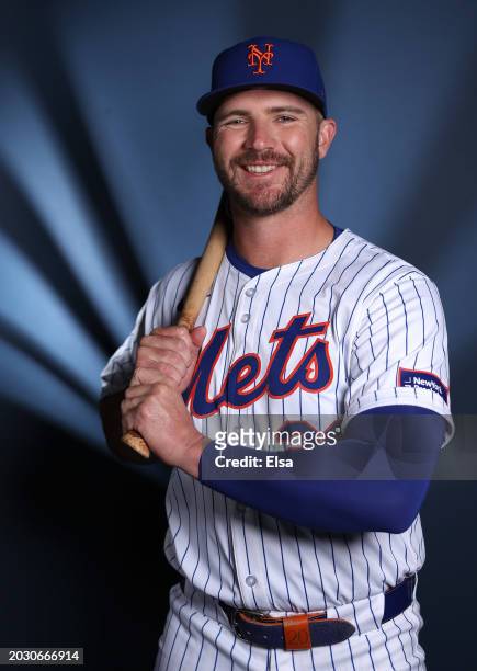 Pete Alonso of the New York Mets poses for a portrait on New York Mets Photo Day at Clover Park on February 22, 2024 in Port St. Lucie, Florida.