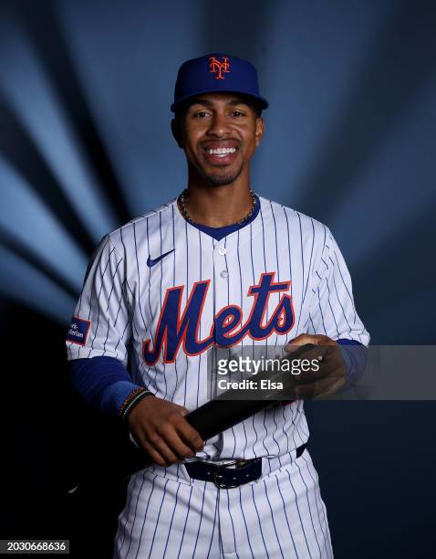 Francisco Lindor of the New York Mets poses for a portrait on New York Mets Photo Day at Clover Park on February 22, 2024 in Port St. Lucie, Florida.