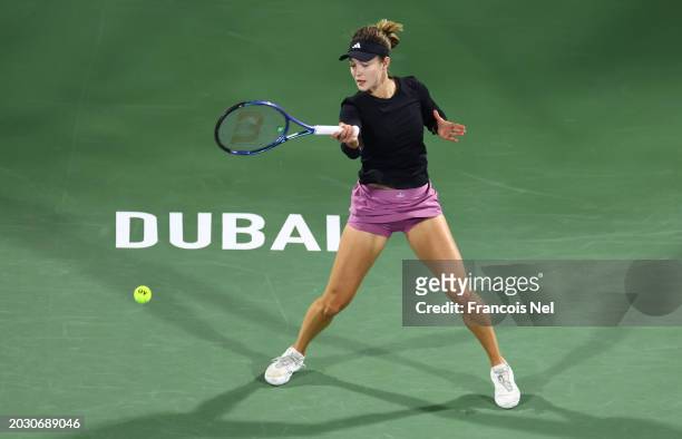 Anna Kalinskaya plays a forehand against Coco Gauff of USA in their Women's Quarter Final match during the Dubai Duty Free Tennis Championships, part...